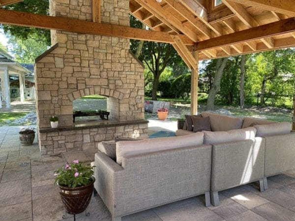 Double Sided Outdoor Fireplace with Stonegate Thin Veneer