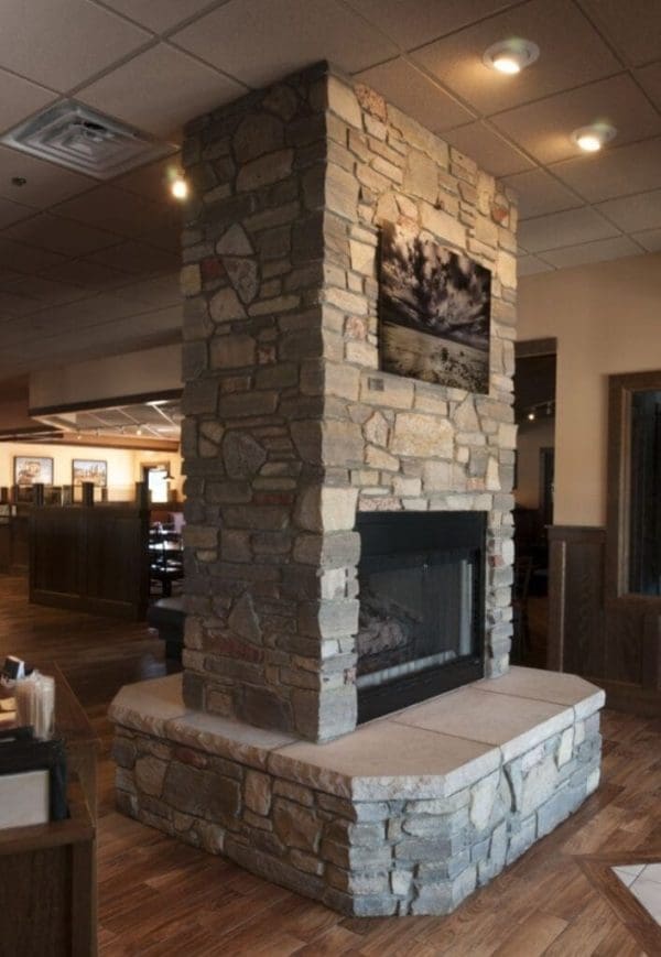 Double-Sided Commercial Fireplace with Brookhaven Natural Stone Veneer
