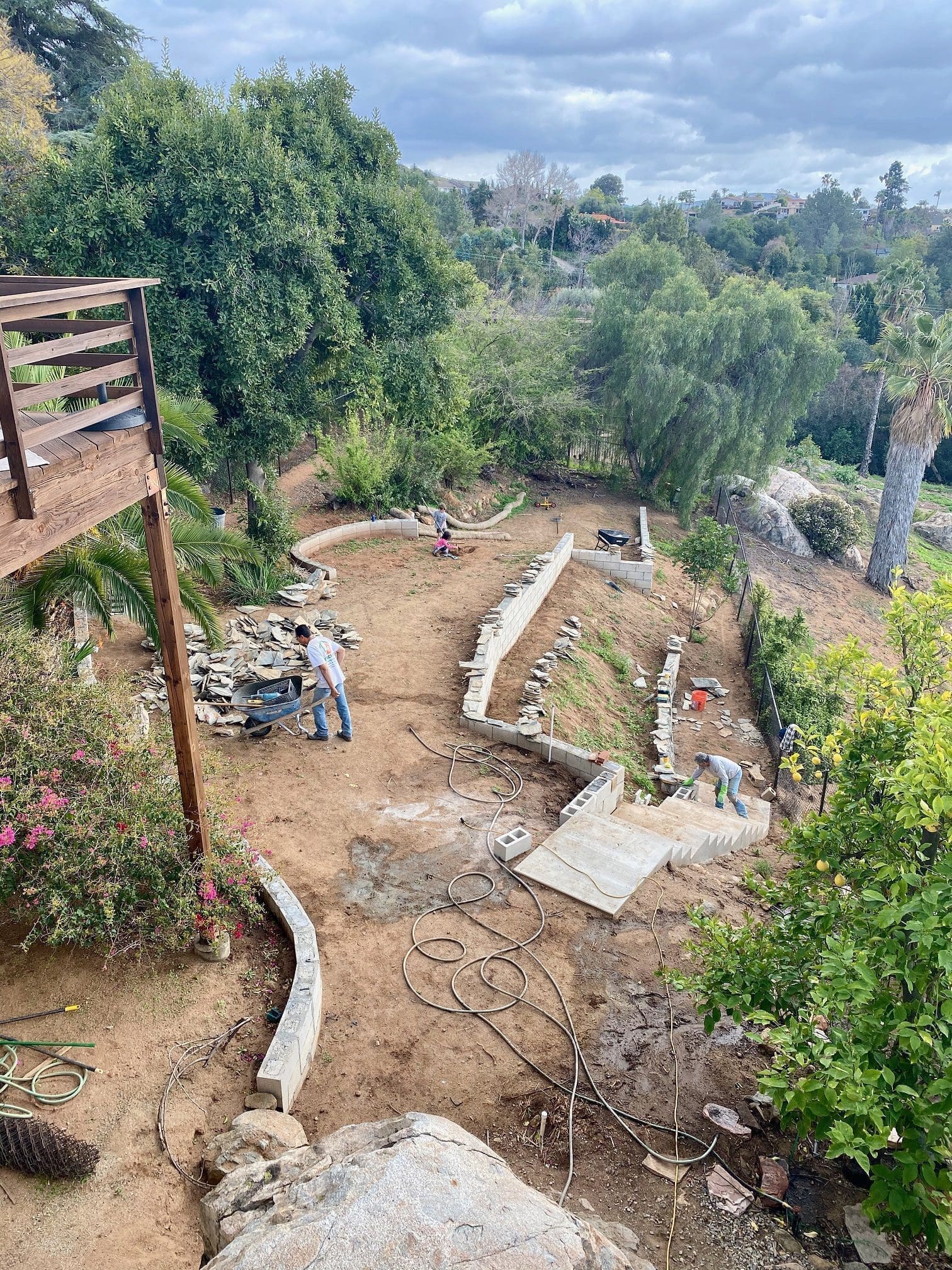 Retaining walls being prepped for thin stone veneer