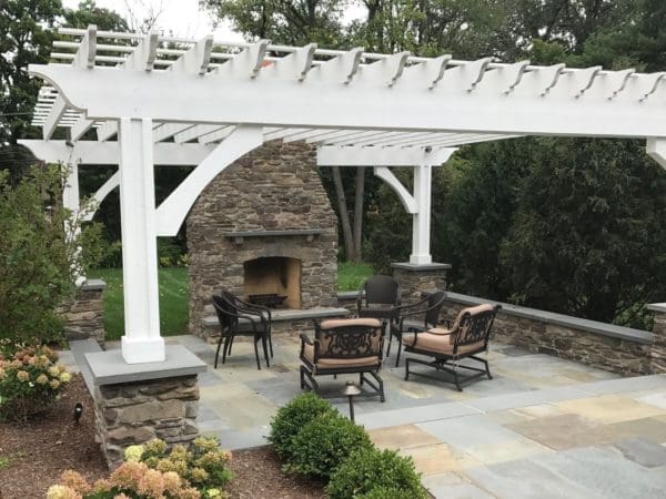 Outdoor living fireplace with Cape Cod natural thin stone veneer