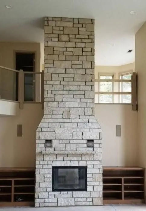 Custom Coastal Mist Fireplace with Colored Stone Removed