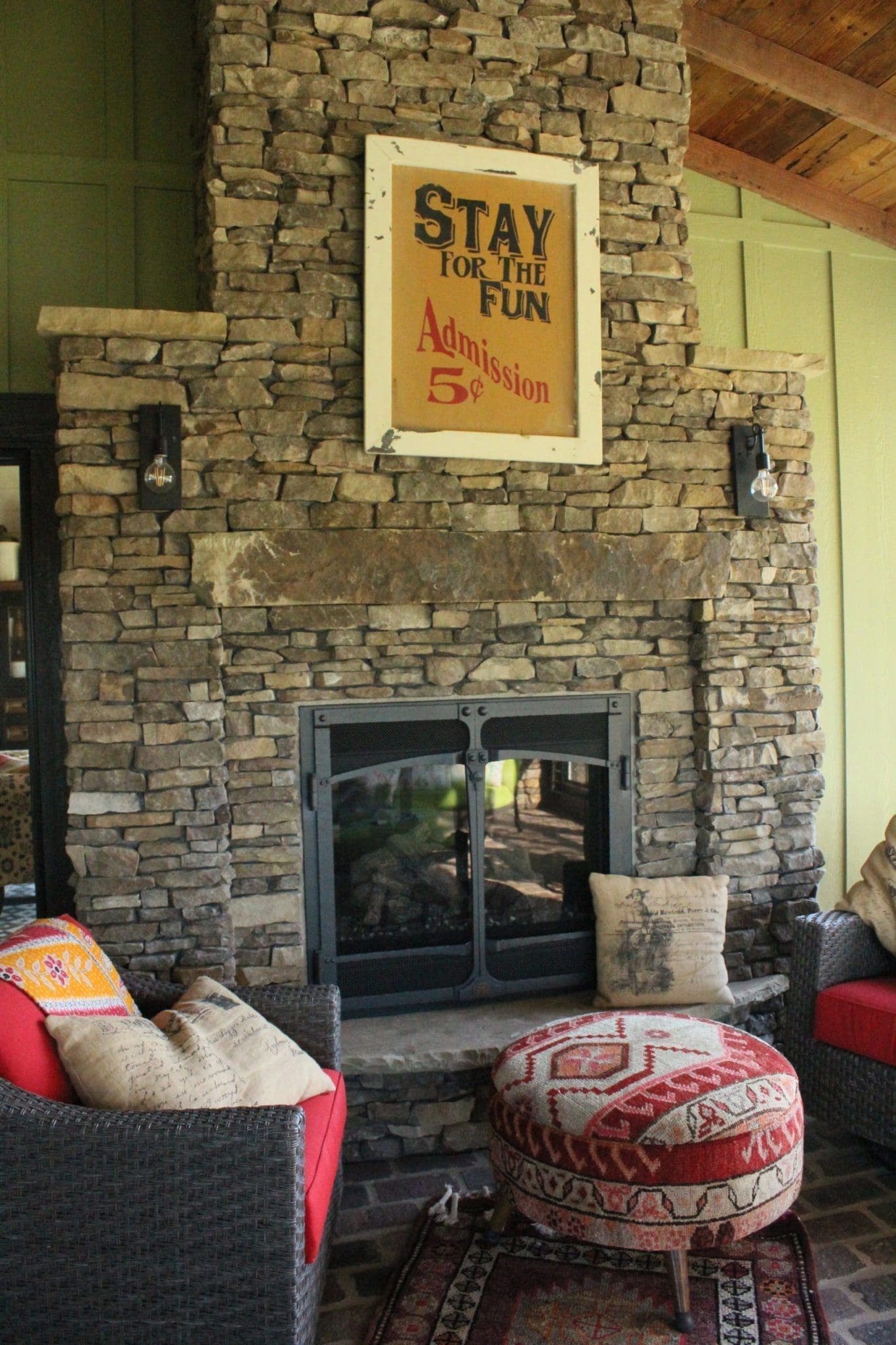 Interior rustic thin stone veneer fireplace