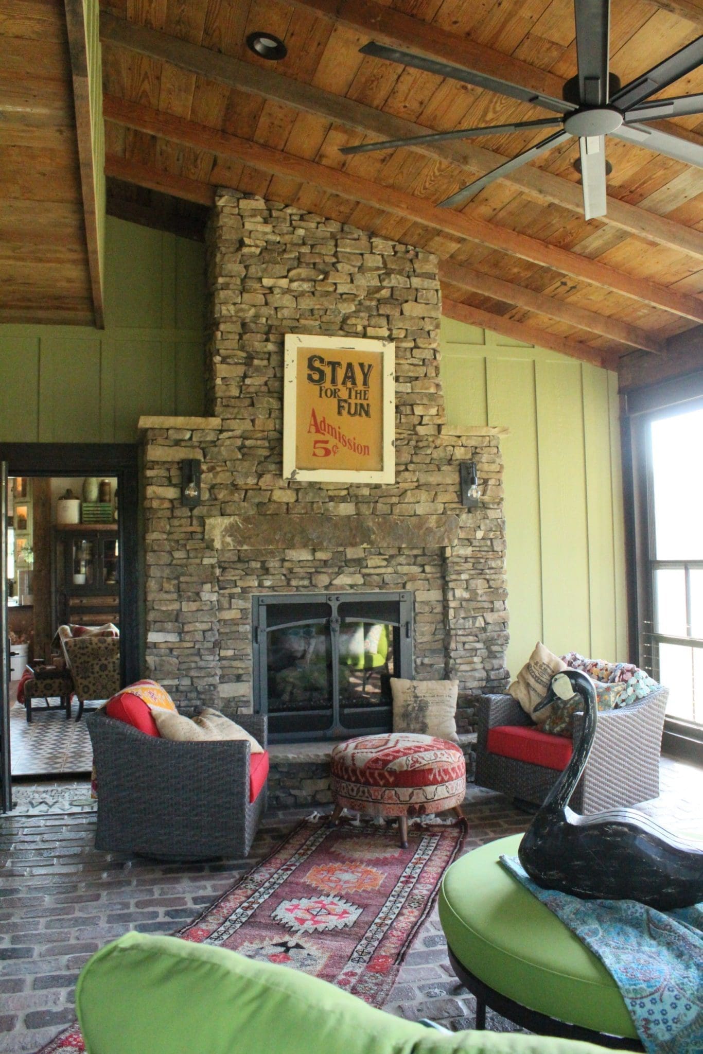 Real thin stone veneer fireplace in a sunroom