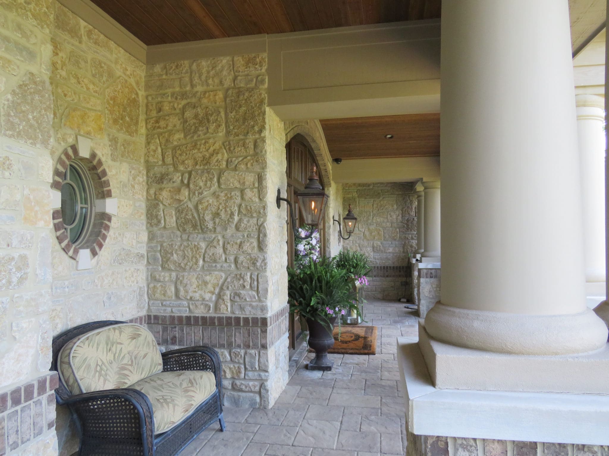 Chateau Natural Limestone Thin Veneer Covered Front Porch
