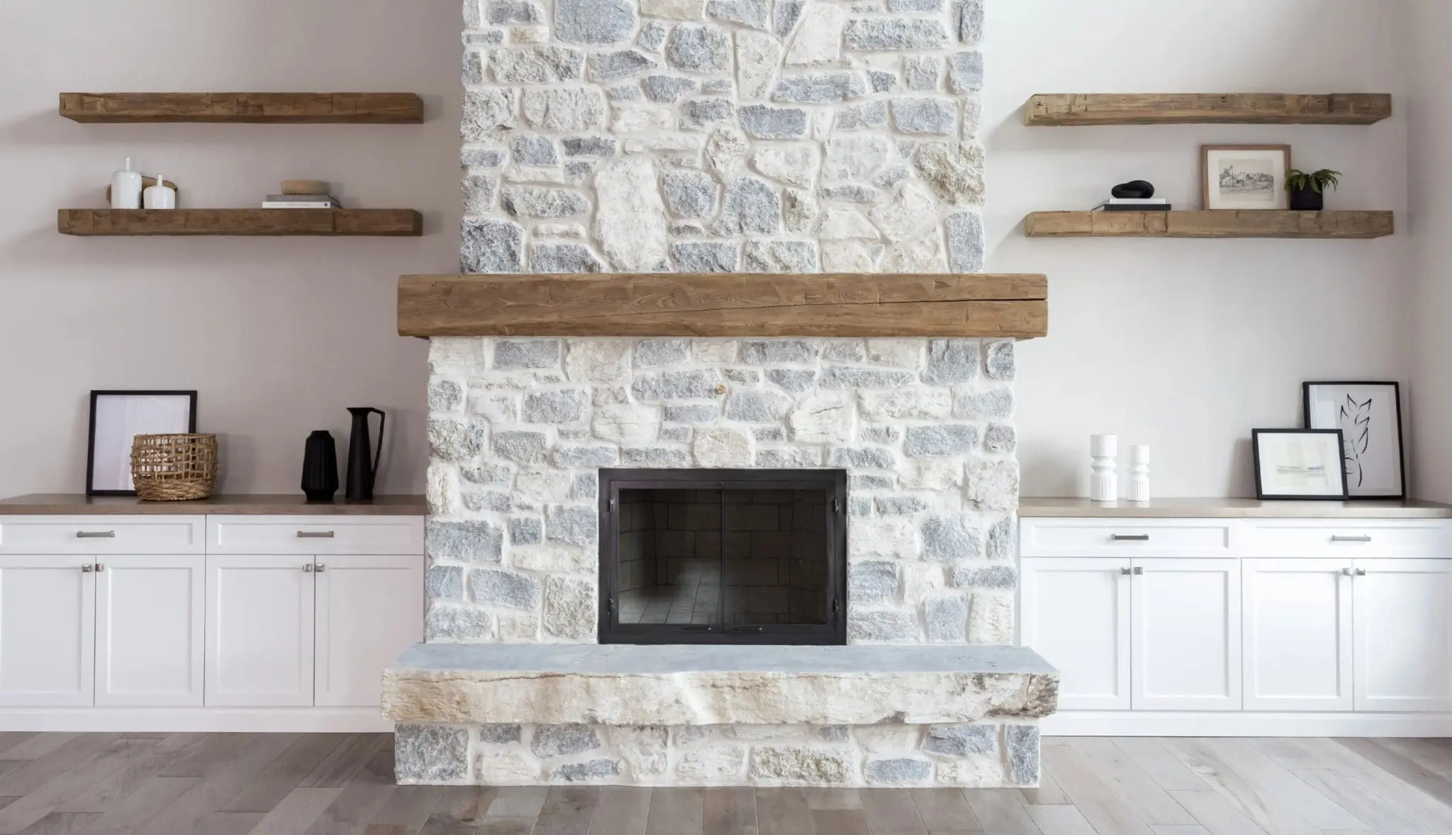 Nottingham Natural Stone Veneer Fireplace with Custom Colors and White Mortar