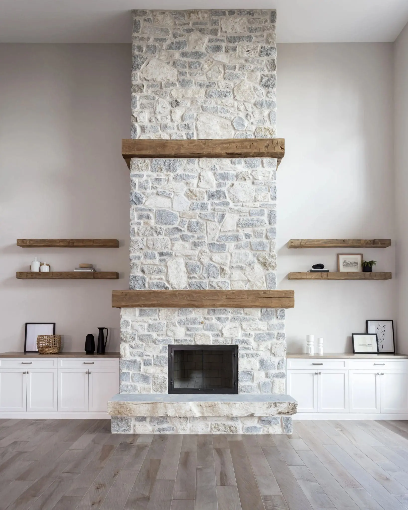 Nottingham Natural Thin Stone Veneer Fireplace with Custom Colors and White Mortar